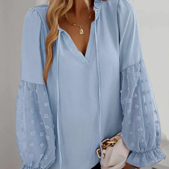 Baby Blue Casual Womens Swiss Dot Frill Trim Blouse - Picture 4 of 5